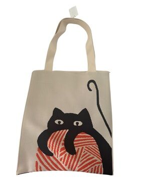 NWT Adorable Black Cat Knit Tote Bag - Aesthetic Jacquard Yarn Cat Shoulder Bag